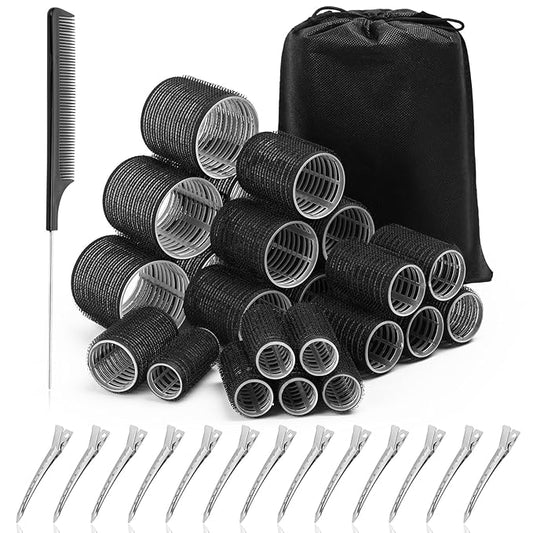 Acejoz Hair Rollers for Blowout Look, 38 Pcs Self Grip Hair Rollers Set with 4 Sizes, 12 Pcs Hair Clips, Comb and Storage Bag for Hair Volume (Black)-Velvo Beauty