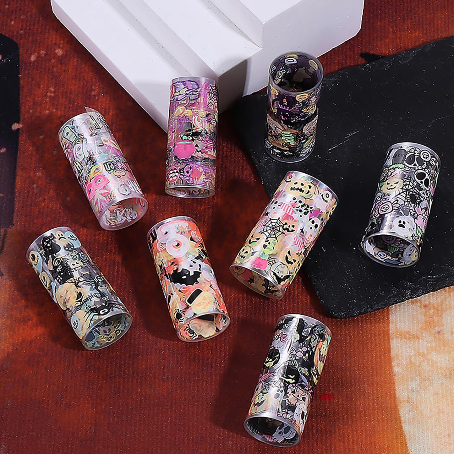 Halloween Nail Foil Transfers Stickers 10 Rolls Cartoon Design Halloween Nail Art Foils Decals Ghost Pumpkin Spider Bat Nail Transfer Foil Cute Nails Supplies Set for Women DIY Manicure Decorations-Velvo Beauty