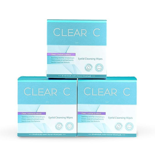 Clear C Eyelid Wipes Pre-Moistened for Dry Eyes – Rinse Free Eye Lid Cleaning Wipes – Individually Wrapped Travel Eye Wipes, 3 Boxes of 30-Velvo Beauty