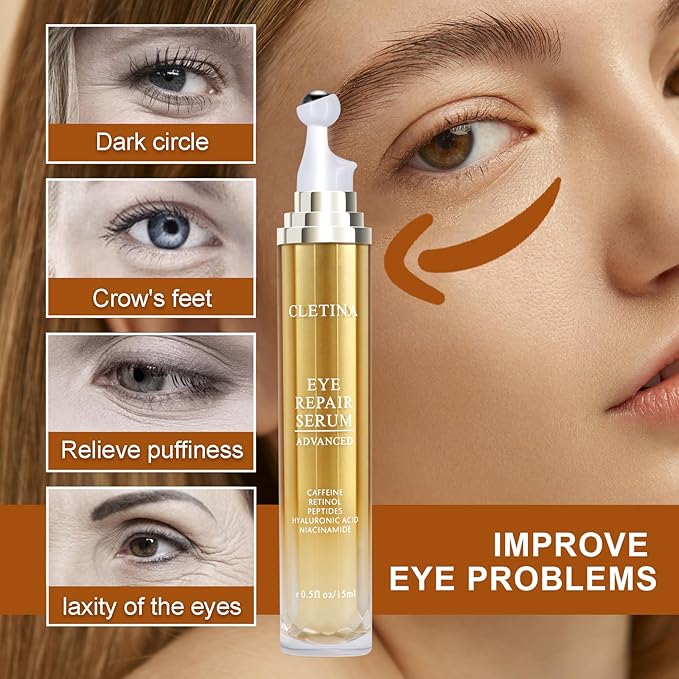 5% Caffeine Eye Serum With Roller For Dark Circles & Puffiness Bags Under Eye Treatment- Caffeine Eye Cream with 360° Massage Ball Roller For Anti Aging Wrinkles Fine Lines - Under eyes treatment-Velvo Beauty