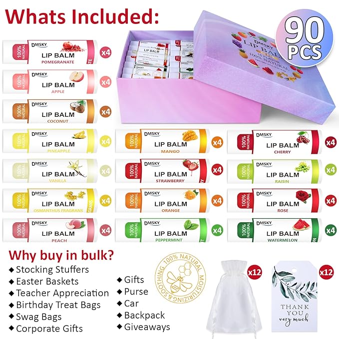 DMSKY 90 Pack Lip Balm, Natural Lip Balm Bulk with Vitamin E and Coconut Oil, Moisturizing Soothing Chapped Lips, Gifts for Women Stocking Stuffers Party Favors-Velvo Beauty