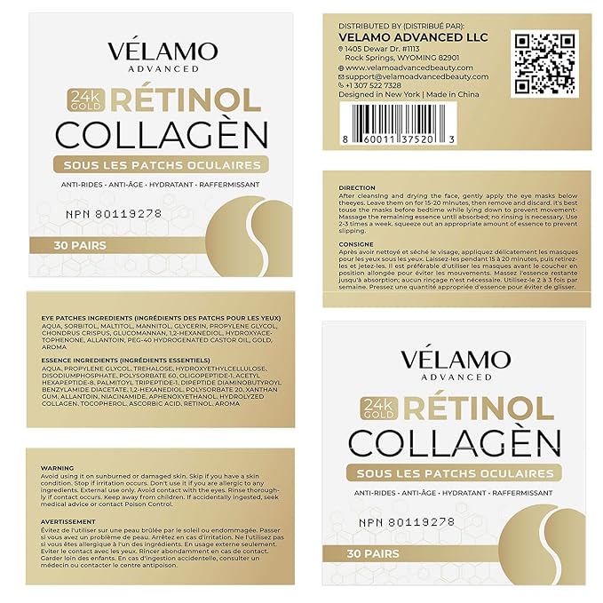 VELAMO ADVANCED Under Eye Patches: 24K Gold Under Eye Mask for Puffy - Retinol Patchology Eye Patches for Wrinkles and Dark Circles Puffiness- Collagen Under Eye Bags Treatment for Women Men 60 Pcs-Velvo Beauty