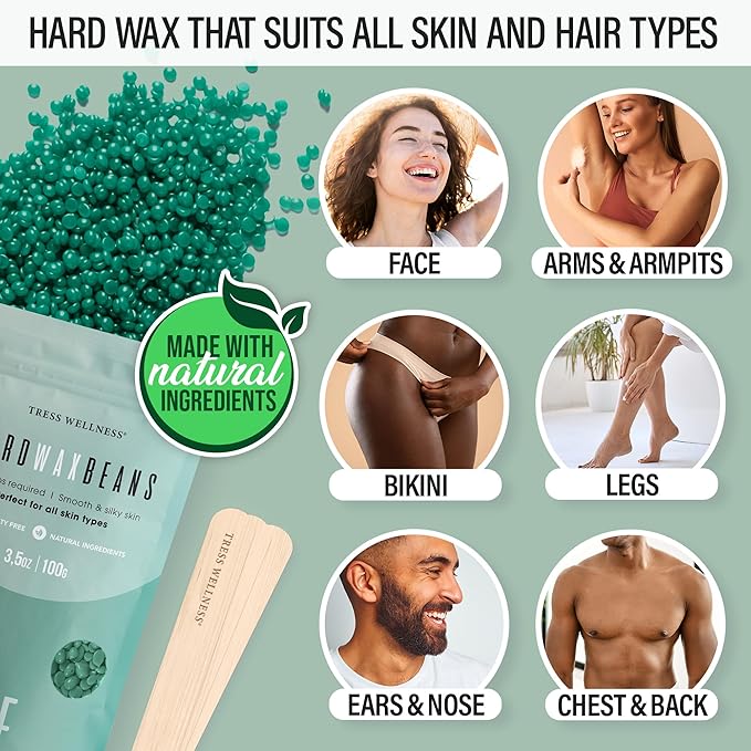 Tress Wellness Waxing Kit for Sensitive Skin – Safe for Face & Skin, Prep & Aftercare Spray, Easy to Use – At-Home Kit for Face, Bikini, Brazilian & Full Body - Digital Display, Green Mountain-Velvo Beauty
