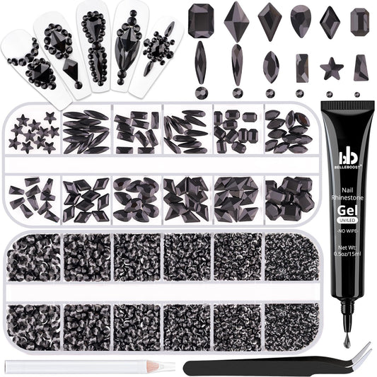 3220Pcs Black Glass Nail Rhinestones 120Pcs Multi Shapes Flatback Nail Gems + 3100Pcs 1.5-4mm Round Crystal with Rhinestones Glue Gel, Manicure Nail Charms Diamond Gemstones for Nail Art-Velvo Beauty