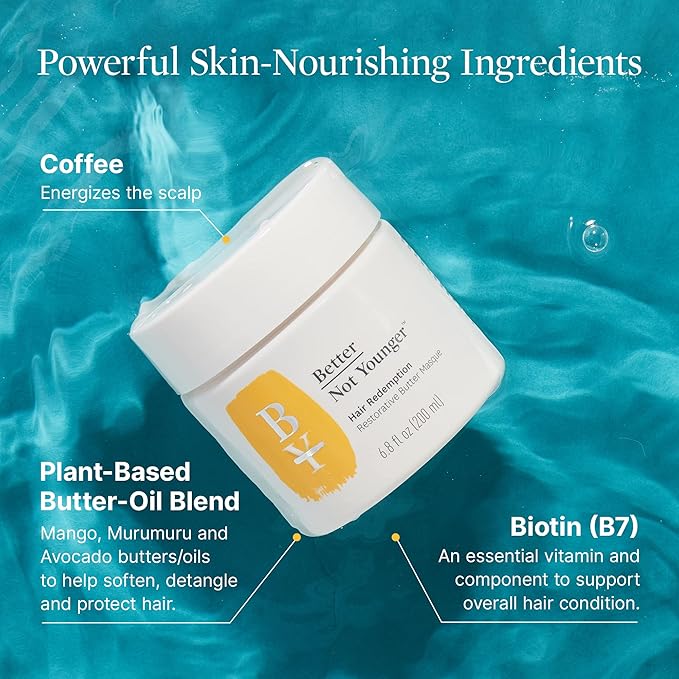 Better Not Younger Restorative Butter Hair Masque 6.8 fl oz - Hair Repair Mask with Plant-Based Butters, Biotin, Argan & Caffeine for Women Over 40 - Restores Moisture, Adds Volume & Boosts Shine-Velvo Beauty