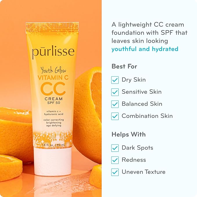 pürlisse Youth Glow Vitamin C CC Cream with SPF 50 - Color Corrector Enriched with Sea Buckthorn, Vitamin C & Hyaluronic Acid - Boosts Radiance & Youthfulness - Paraben-Free - Fair (1.4 oz)-Velvo Beauty