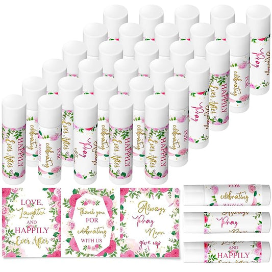 30 Pcs Wedding Lip Balms Bulk Wedding Bridal Shower Favors for Guests Wedding Souvenirs Moisturizing Floral Lip Balm Thank You Gifts for Bachelorette Party Bridesmaid Baby Shower, Pink Flower-Velvo Beauty
