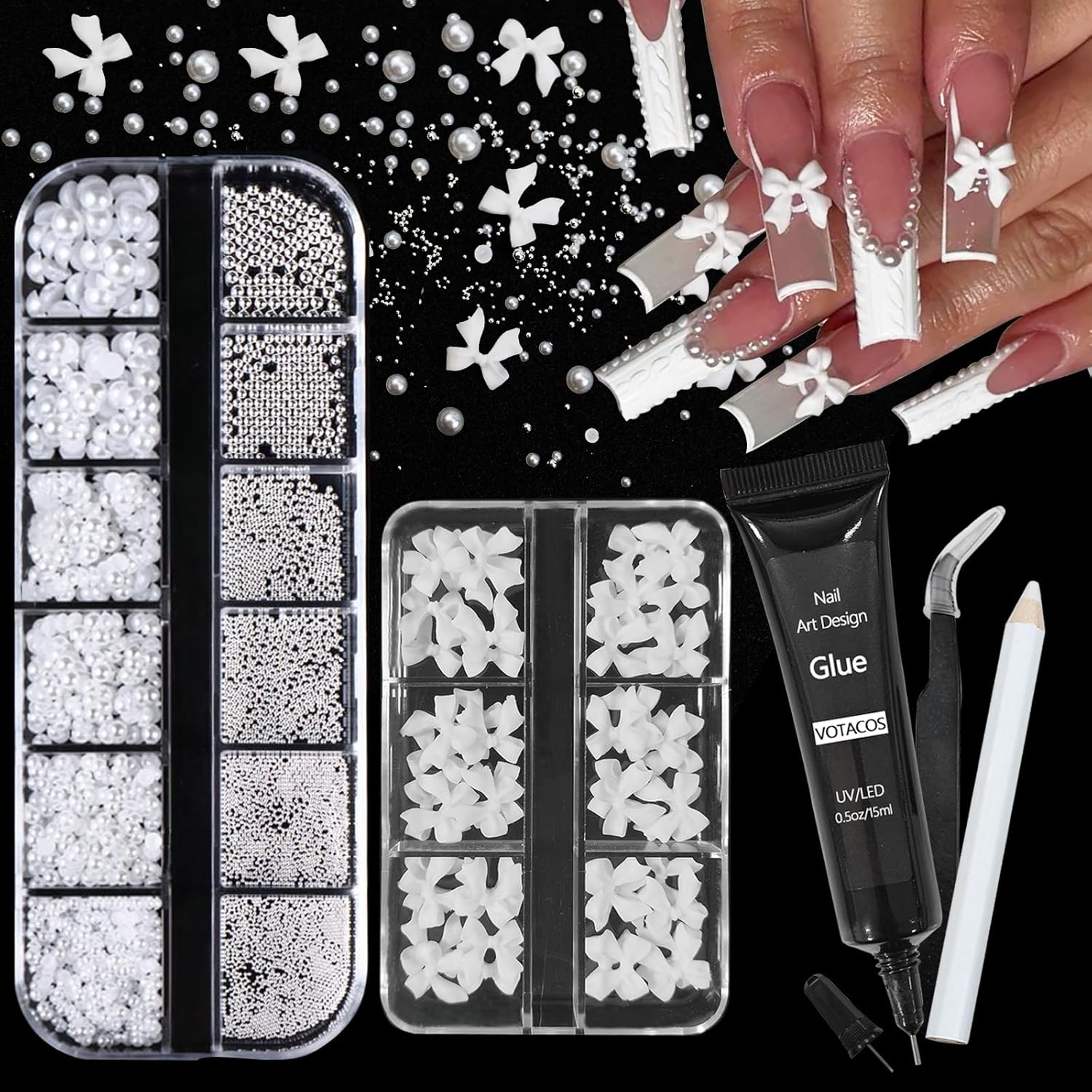 Nail Art Charms White Bow Nail Rhinestones with Glue Gel Flatback Pearls Luxurious Nails Gems Supplies Accessories White Silver Jewelry Pearls for Women Nails DIY Design-Velvo Beauty