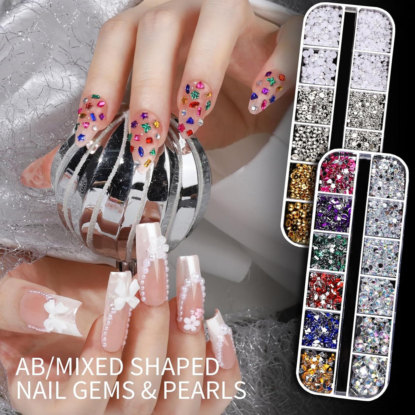 Teenitor Nail Charms and Gems Nail Art Tools, 6 Boxes 3D Nail Gems with 15 Sheets Nail Stickers for Nail Art, Flower Nail Stickers Nail Rhinestones Nail Supplies, Nail Pearls Nail Stuff Nail Decor-Velvo Beauty