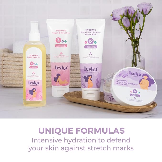 Leska Pregnancy Stages A & B Set | Belly Lotion, Belly Oil, Stretch Mark Defense Cream & Belly Butter | Pregnant Mom Months 1-9 | Part of Complete 3-Part Pregnancy Skincare System (Set of 4, 4-4.93oz)-Velvo Beauty