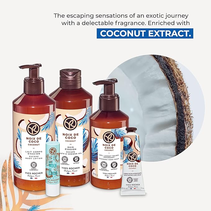 Yves Rocher Bain de Nature Coconut 6-Piece Gift Set, Shower Gel, Hand Cream, Body Lotion, Lip Balm, Hand Soap & Vanity Bag, 6 Items-Velvo Beauty