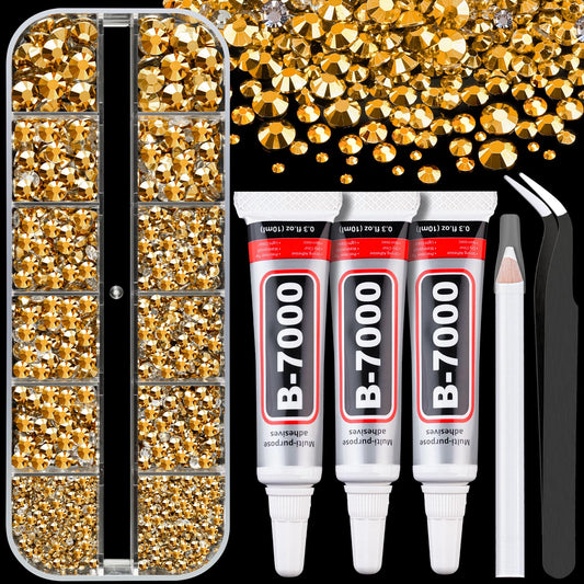 Resin Rhinestones for Crafting with B7000 Jewelry Glue, 1 Box Gold Flatback Crystals with 3Pcs 10ml Glue for Bedazzling Crafts DIY Nail Art Makeup，Non Hotfix Gems for Clothing Shoes-Velvo Beauty