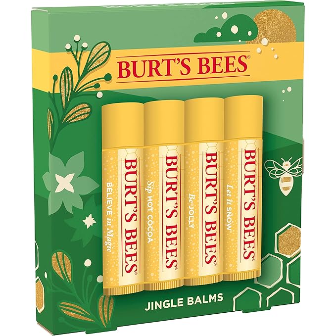 Burt's Bees Christmas Gifts, 4 Lip Balm Stocking Stuffers Products, Jingle Balms Set - Classic Beeswax Moisturizing Lip Balm-Velvo Beauty