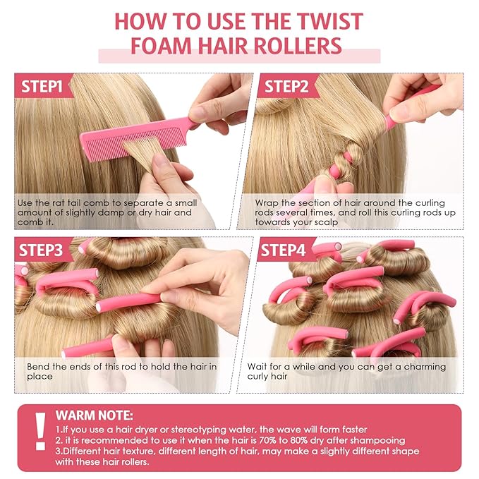 Syhood 30 Pieces Flexible Curling Rods Twist Hair Rollers Soft Foam Rods No Heat and 1 Pcs Steel Rat Tail Comb for Women Long and Short Hair(7 x 0.3 Inch,Pink)-Velvo Beauty