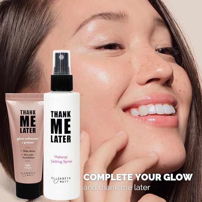 Elizabeth Mott Thank Me Later Glow Enhancer & Primer - Illuminating Makeup Base & Highlighter for Radiant Skin - Lightweight, Long-Lasting, Vegan & Cruelty-Free, Sheer Light Glow Shade, 30g-Velvo Beauty