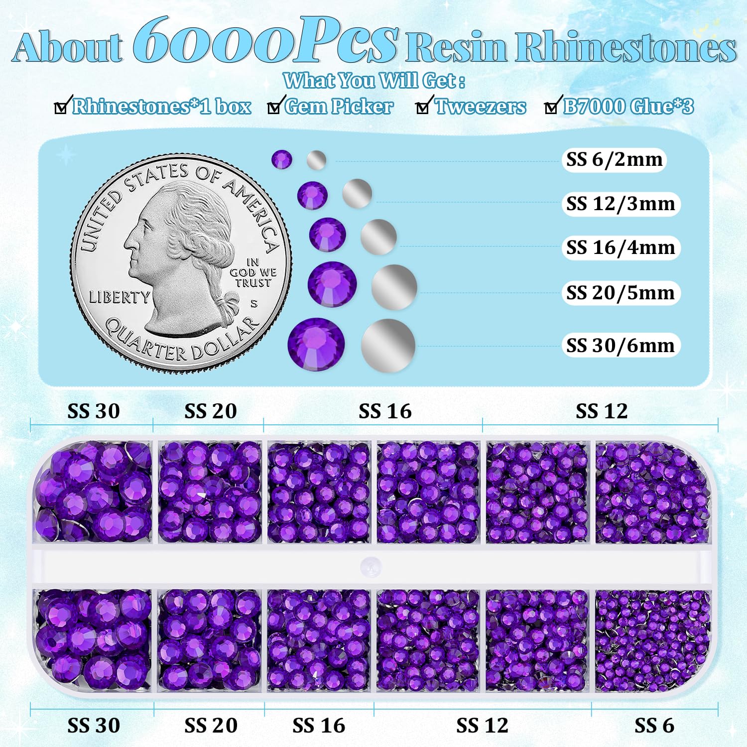 6000Pcs Resin Rhinestones for Bedazzling with 3Pcs B7000 Jewelry Glue, 1 Box Dark Purple Flatback Rhinestones for Crafting Crafts DIY, Crystals Gems for Clothing Shoes Tumblers Nail Art Makeup-Velvo Beauty