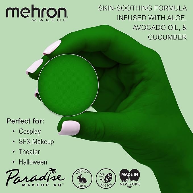 Mehron Makeup Paradise Makeup AQ Refill Size | Stage & Screen, Face & Body Painting, Beauty, Cosplay, Halloween | Water Activated Face Paint, Body Paint, Cosplay Makeup .25 oz (7 ml) (AMAZON GREEN)-Velvo Beauty