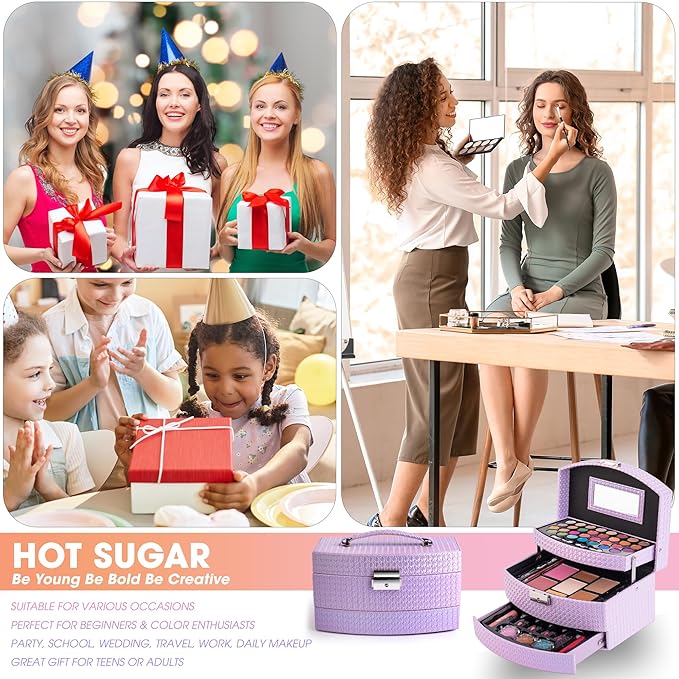 Hot Sugar Girls Makeup Kit for Birthday Gift, All in One Beginner Makeup Kit for Women Full Kit, Christmas Makeup Set for Teens 10 12 13 16 Includes Real Cosmetics and Makeup Tools (Purple)-Velvo Beauty