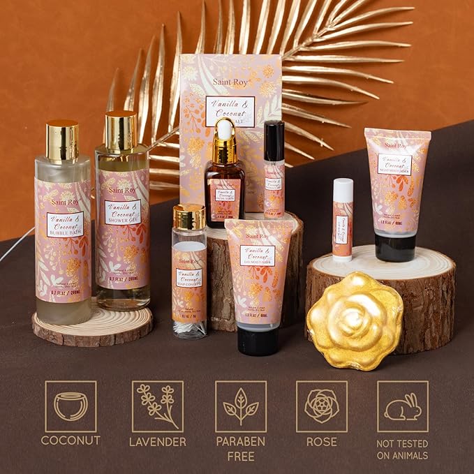 Luxury Gifts for Women, 16 Pcs Spa Gifts for Women of Coconut & Vanilla Scents Skin Care Kit, Facial Kit with Face Day Cream, Night Cream, Skincare Set, Skin Care Set Wrap in Makeup Storage Box-Velvo Beauty