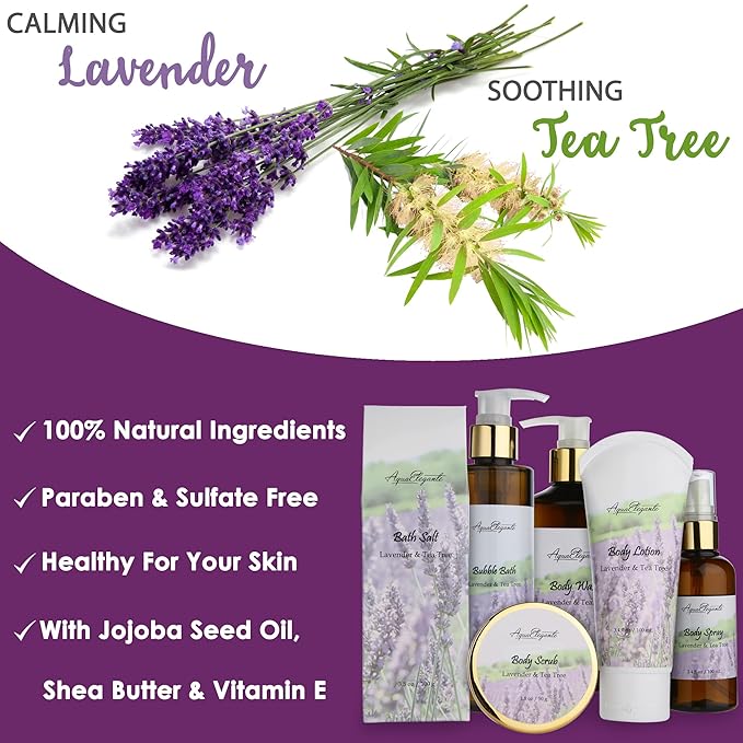 Spa Gift Baskets For Women - Luxury Bath Set With Lavender & Tea Tree Oil - Spa Kit Includes Body Wash, Bubble Bath, Lotion, Bath Salts, Body Scrub, Body Spray, Shower Puff, and Towel-Velvo Beauty