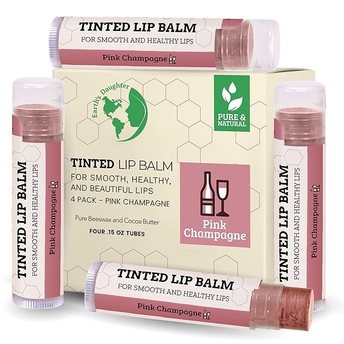 Tinted Lip Balm by Earth’s Daughter – 4 Pack of Pink Champagne Color – Beeswax, Coconut Oil, Cocoa Butter, Vitamin E – Moisturize and Beautify – Paraben Free-Velvo Beauty