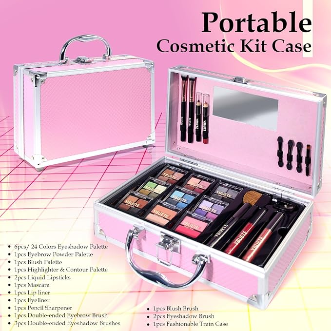 Makeup Kit for Teens Girls Women, Full Starter Cosmetics Set, Makeup Gift Set, Beginner Makeup Kit, Cosmetic Train Case For Women Full Kit, Included Eyeshadow Blusher Contour Eyebrow Powder-Velvo Beauty