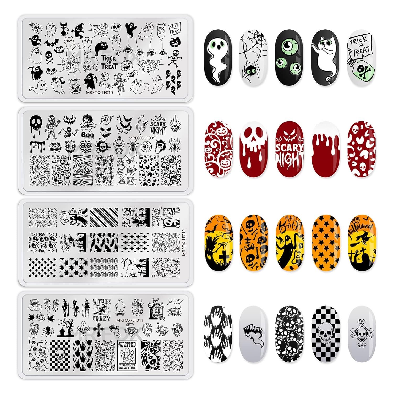 8PCS Halloween Nail Stamping Plates, Pumpkin Skull Bat Poker Image Stainless Steel Stencil, DIY Nail Art Template Tools-Velvo Beauty