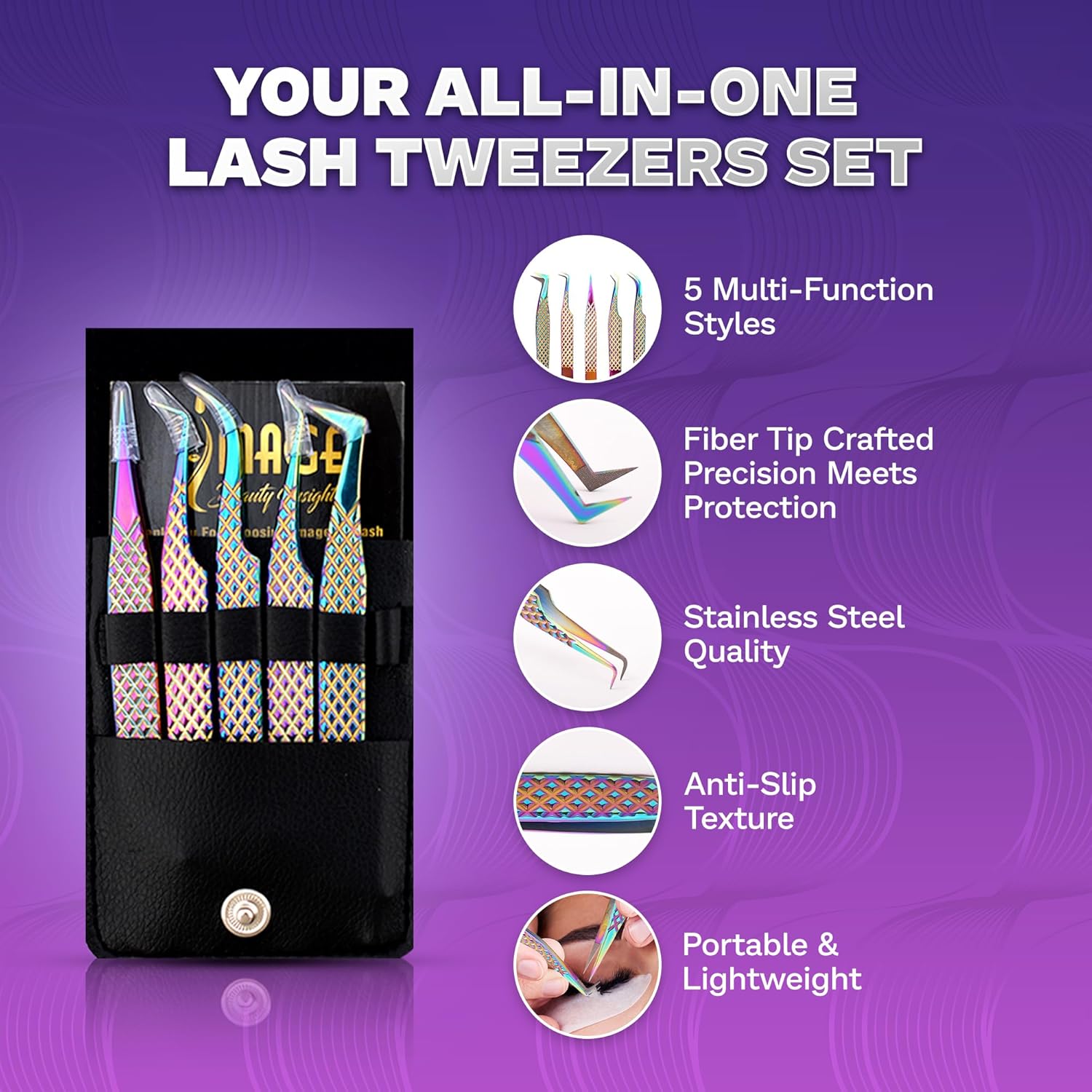 5 Pcs Fiber-Tip Japanese Steel Lash Tweezer Set with Leather Case, Professional Eyelash Tweezers for Lash Extensions – Titanium Coated, 90 & 45 Angled, Precision Pointed Tweezers (Rainbow Color)-Velvo Beauty