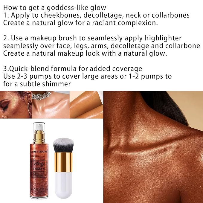 Shimmer Body Oil, Face and Body Liquid Luminizer Waterproof Moisturizing, Light Shimmer Glow Illuminator, Smooth Body Highlighter Makeup Liquid Body Shimmer (3# Bronze Gold)-Velvo Beauty