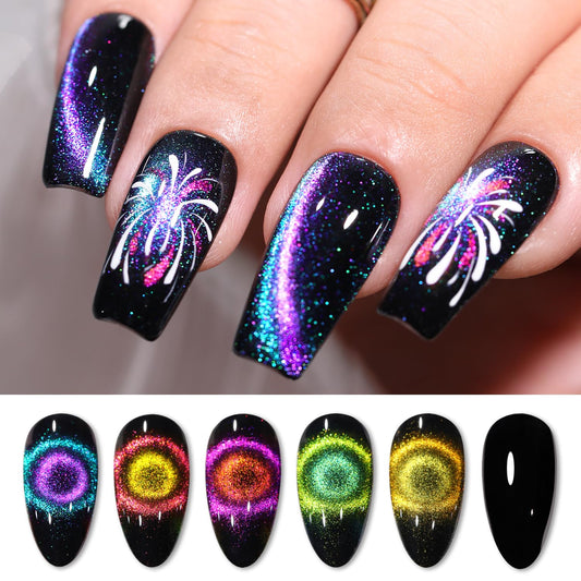 Double Rhythm 6 Colors Cat Eye Gel Polish Set Shimmer Glitter with Magnet Holographic Reflective Magnetic UV Nail Art Kit (6-Kit 27)-Velvo Beauty