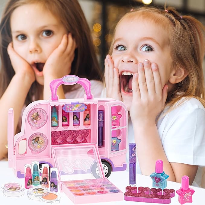 Barbie Car Makeup Kit for Girls, Real Washable Toy Makeup Set, Barbie Gift, Play Makeup and Pretend Play Toys Ages 6 7 8 9 10 11 12-Velvo Beauty