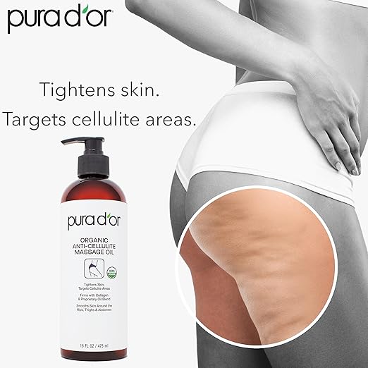 PURA D'OR 16 Oz Organic Anti-Cellulite Massage Oil - Lemon Peel, Moringa, Grape Seed, Grapefruit & Eucalyptus Oils - Skin Firming & Tightening for Active Individuals & Aging Adults-Velvo Beauty