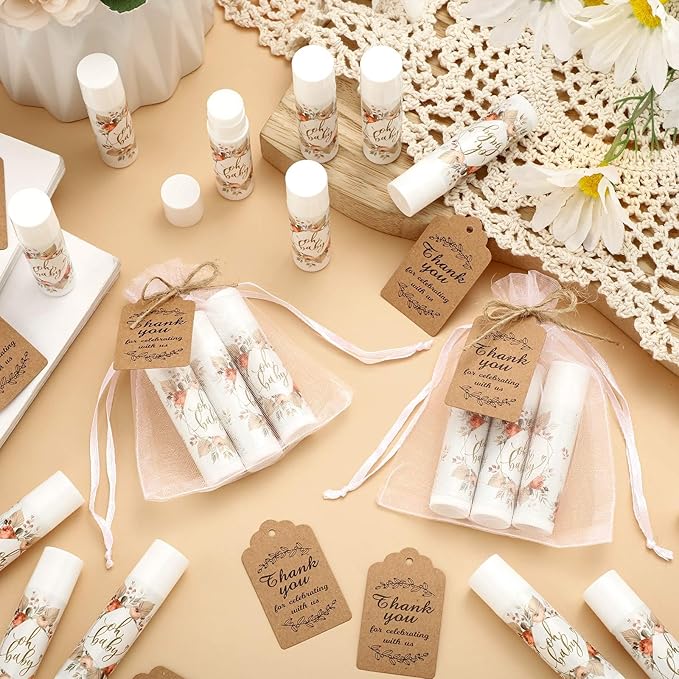 Demissle 50 Pcs Baby Shower Lip Balm Gift Set with 100 Pcs Organza Bags Baby Shower Party Favor for Guest Thank You Tag Rope Baby Shower Party Decoration Gender Reveal Souvenirs(Colorful Plants)-Velvo Beauty