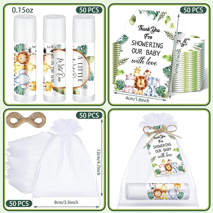 Dunzy 50 Pack Baby Shower Party Gifts Favors Bulk Lip Balms for Guests Boys Girls Games Neutral Gender Reveal Favors Baby Shower Prizes Souvenirs Bags Stuffer(Jungle Animal)-Velvo Beauty