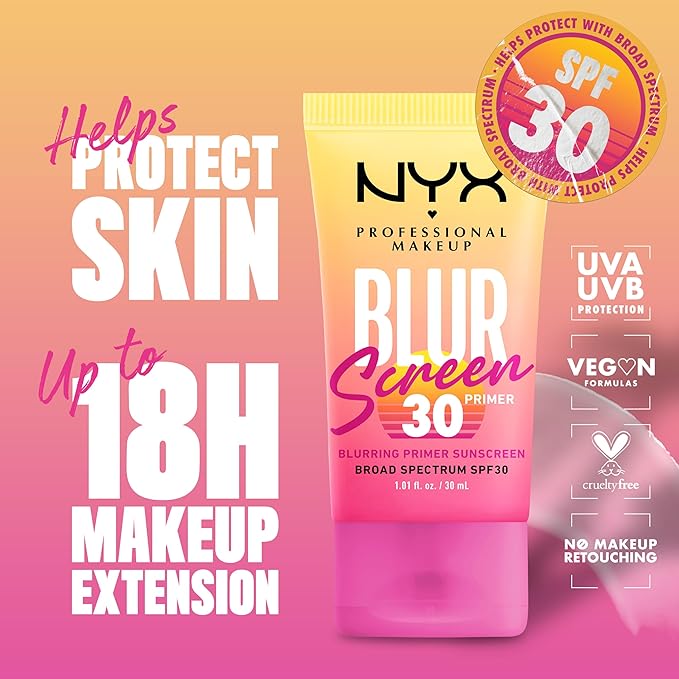 NYX PROFESSIONAL MAKEUP Blurscreen SPF 30 Primer, 3-in-1 Blurring Makeup Primer with Sunscreen, Vegan Formula with No White Cast or Greasy Feeling-Velvo Beauty