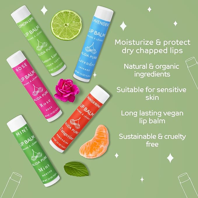Aria Lip Balm Collection, Vegan Lip Balm Set, Beeswax Free, with Avocado Oil, Organic Jojoba Oil, and Vitamin E, Natural Moisturizer for Dry, Chapped Lips, 5 Tube Set-Velvo Beauty