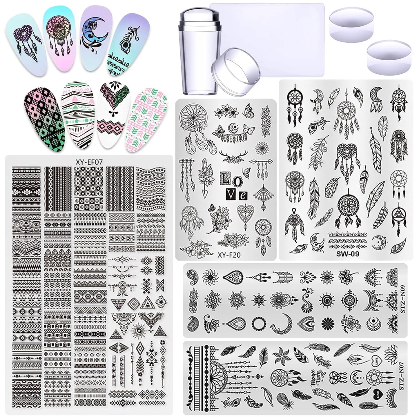 Bohemia Style Nail Stamping Plate 5pcs Set Geometric Art Template with Silicone French Tip Stamper Kit Nail Stencil for Nail Art Salon DIY Tool Supplies-Velvo Beauty