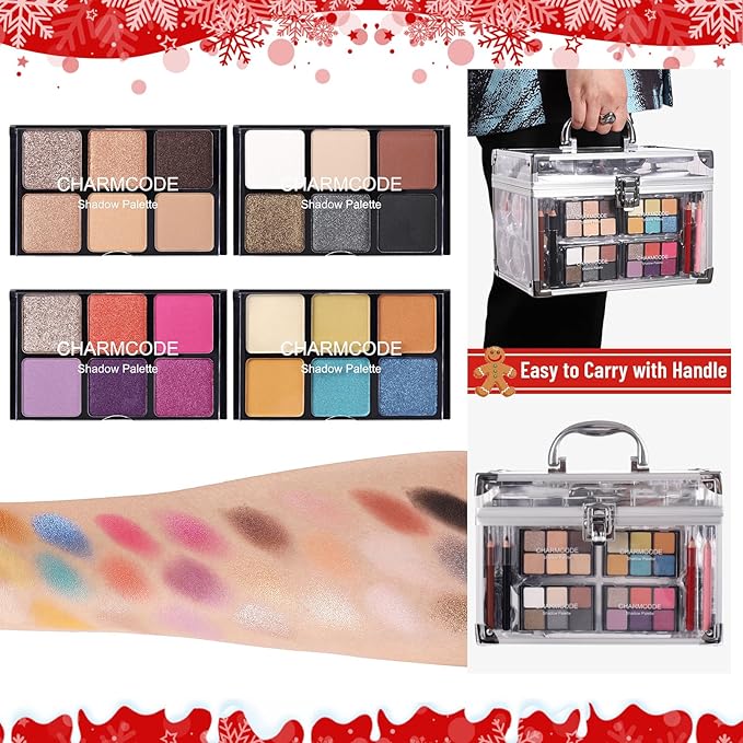 Makeup Kit for Women Full Kit - Eyeshadow Palette, Lipsticks, Lipgloss, Blushes, Contour, Highlighters, Makeup Pencil, False Eyelashes, Re-usable Train Case Gift Set for Teen Girls Starters Pros-Velvo Beauty