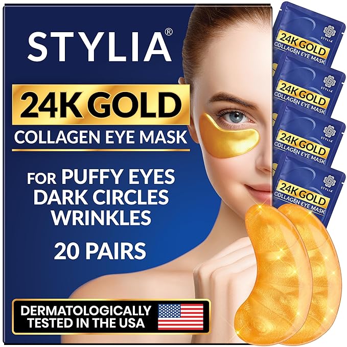 Stylia Under Eye Patches for Puffy Eyes and Dark Circles (20 Pairs) - 24k Gold Under Eye Mask with Vitamin C, Hyaluronic Acid, Pearl Extract - Eye Masks for Dark Circles and Puffiness-Velvo Beauty