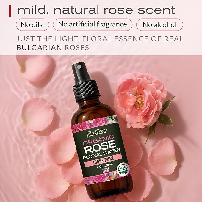 Ella & Eden Organic Rose Water Spray for Face, Hair 4 Fl Oz | USDA Certified 100% Pure Steam Distilled Hexane-Free | Hydrating, Refreshing Facial Mist for All Skin Types-Velvo Beauty