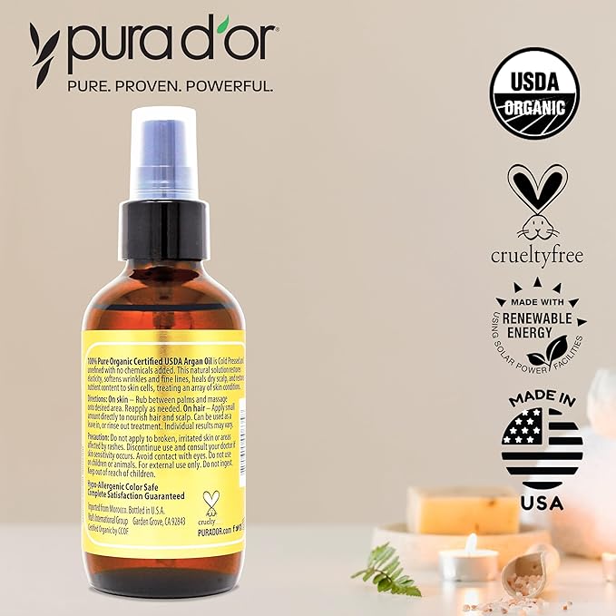 PURA D'OR 4 Oz ORGANIC Moroccan Argan Oil - USDA Certified 100% Pure & Cold Pressed Virgin Premium Grade Natural Moisturizer Treatment For Dry, Damaged Skin, Hair, Face, Body & Scalp - Men & Women-Velvo Beauty