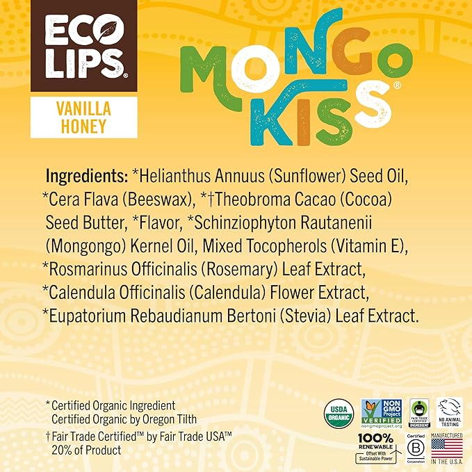 Mongo Kiss USDA Organic Lip Balm Set 8-pack (0.15 oz. each) with Mongongo Oil & Cocoa Butter to Moisturize Chapped Lips | Made in USA by Eco Lips - Honey Vanilla-Velvo Beauty