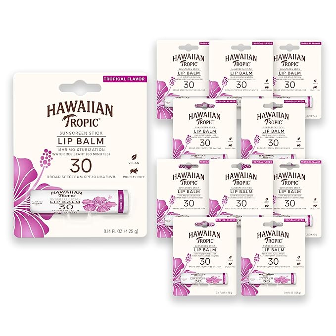Hawaiian Tropic Tropical Lip Balm SPF 30, 0.14oz | Lip Sunscreen, Lip SPF 30, Lip Sunblock, Oxybenzone Free Sunscreen, Travel Size Sunscreen, Mini Sunscreen, 0.14oz (Pack of 10)-Velvo Beauty