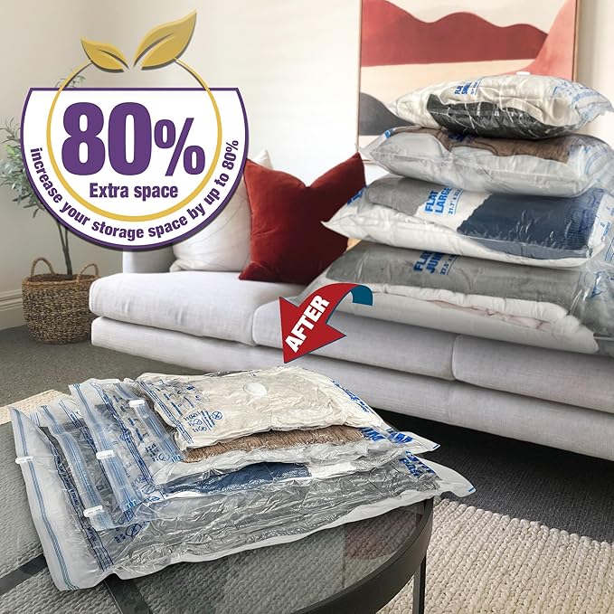 HIBAG Vacuum Storage Bags, 10-Pack Vacuum Seal Bags for Clothing Clothes, Space Saver Bags (2 Jumbo, 2 Large, 2 Medium, 2 Small, 2 Roll-up) with Pump (10-Combo)-Velvo Beauty