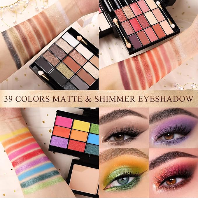 Professional Makeup Kit for Women Girl Full Kit with Mirror 60 Colors All in One Make up Gift Set Included Eyeshadow,Blusher,Highlighter,Compact Powder,Brow Powder,Lipstick,Glitter,Eyeliner,Mascara 01-Velvo Beauty