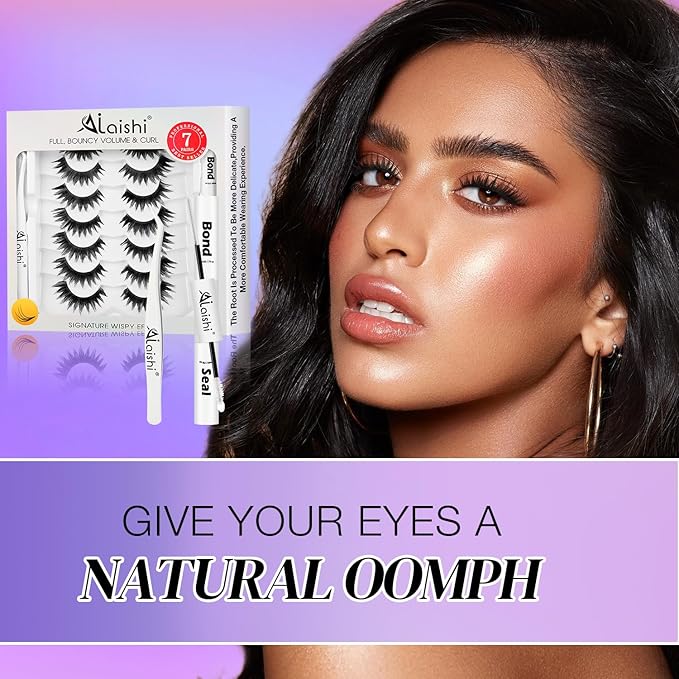 False Eyelashes Kit With Bond, Seal and Tweezer, 7 Pairs Fluffy Natural Look Fake Cat Eye Lashes Strips Thin Band Extensions Waterproof Easy Eyelashes for Beginners DF64-Velvo Beauty