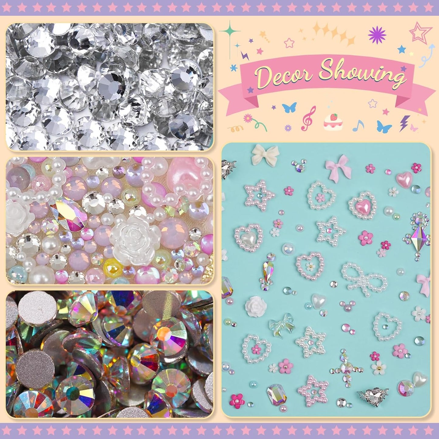 Rhinestones, AB Crystal Nail Gems Pink Opal Nail Rhinestones with Aurora Bubble Beads Pearls Star Heart Bows Nail Charms and Rhinestone Picker Tools for Kwaii Y2K Nail Art Decor - 3 Boxes-Velvo Beauty