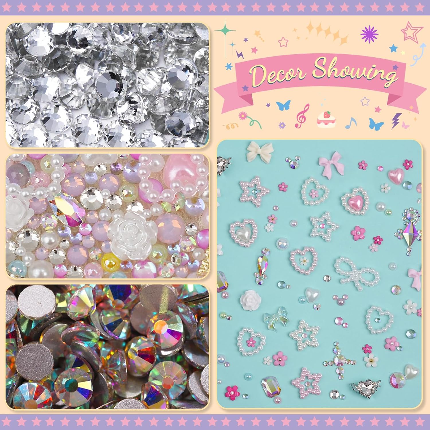 Rhinestones, AB Crystal Nail Gems Pink Opal Nail Rhinestones with Aurora Bubble Beads Pearls Star Heart Bows Nail Charms and Rhinestone Picker Tools for Kwaii Y2K Nail Art Decor - 3 Boxes-Velvo Beauty