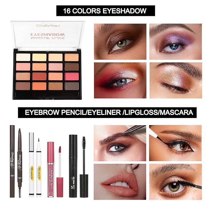 All in One Makeup Kit For Women Girls Teens Makeup set 16 Colors Eyeshadow Palette Foundation Eyeliner Contouring Stick Lip Gloss Eyebrow Mascara Makeup Brushes Makeup Gift Sets-Velvo Beauty