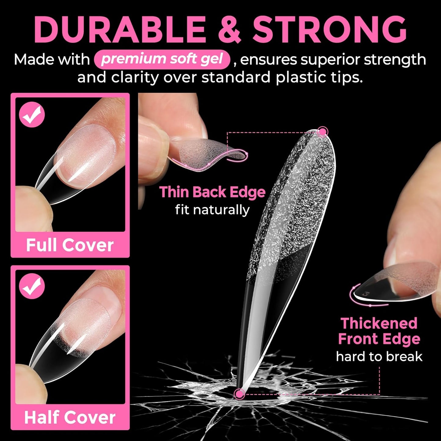 UNA GELLA Almond Nail Tips, 216pcs Pointed Almond Gel Nail Tips Pre-shape Half Matte Full Cover Clear Acrylic Soft Gel Fake Nails for Nail Extension Nail Art 12 Sizes-Velvo Beauty